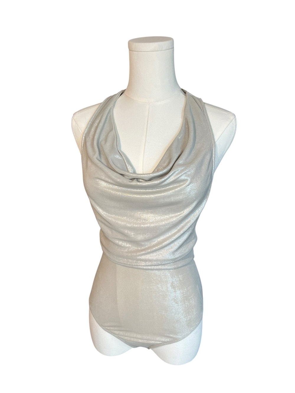 by the way. Scarlett Silver Metallic Cowl Neck Open Back Bodysuit | size XS